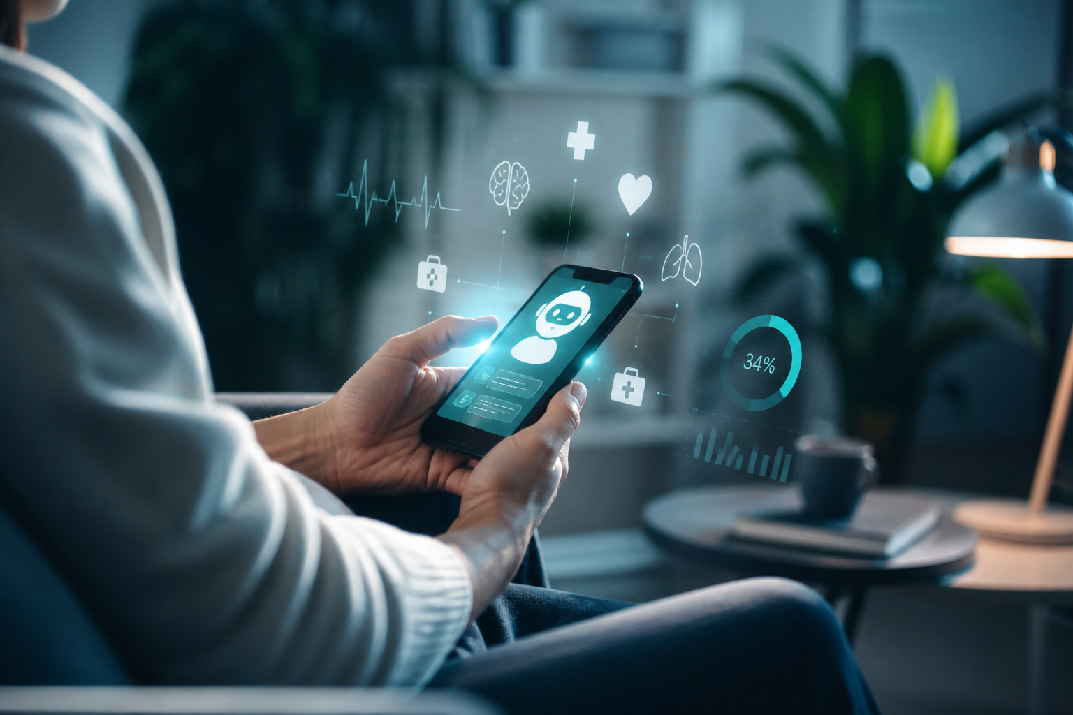 Person consulting AI health chatbot on phone with medical icons