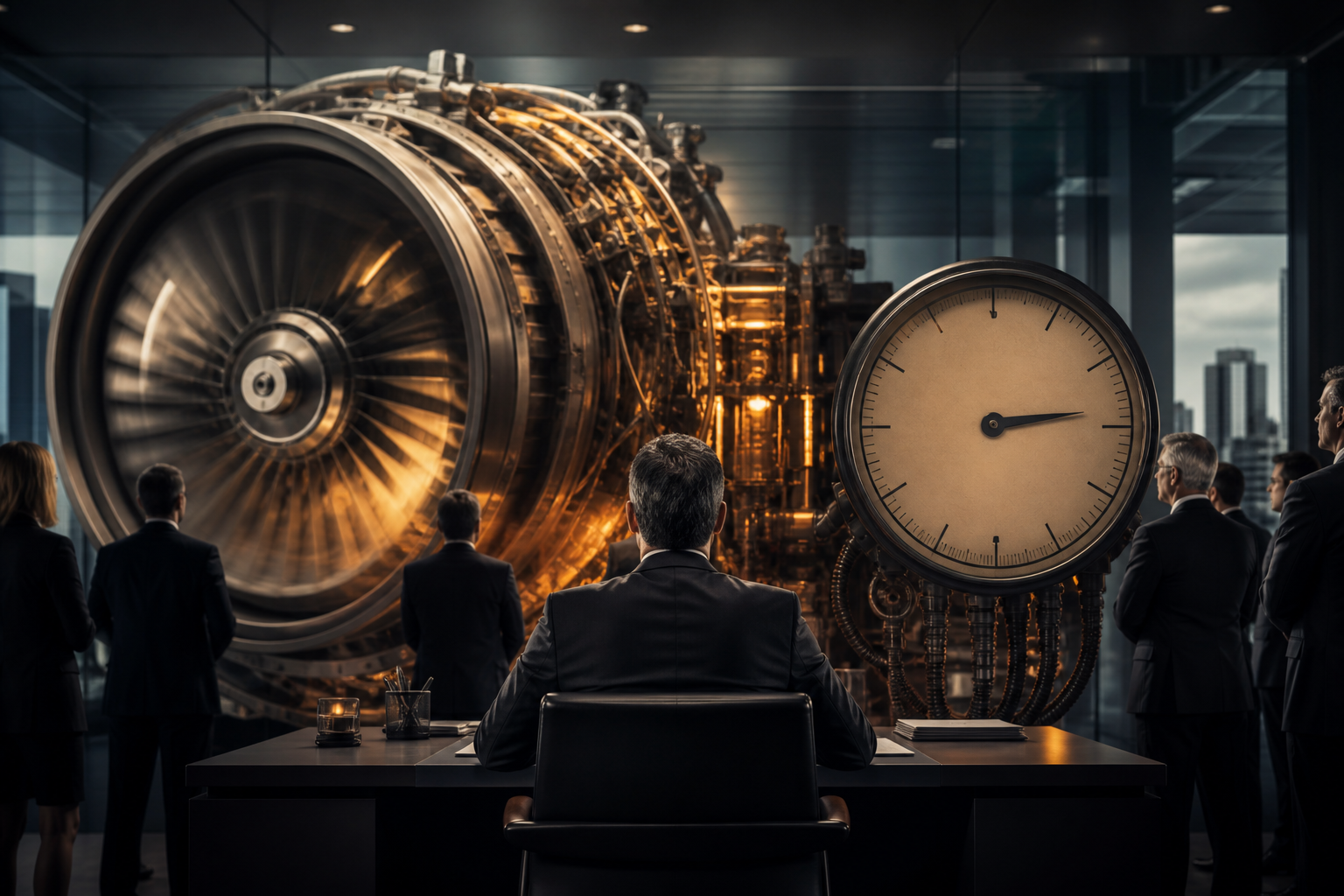 AI engine spinning while corporate productivity gauge barely moves — hype versus reality