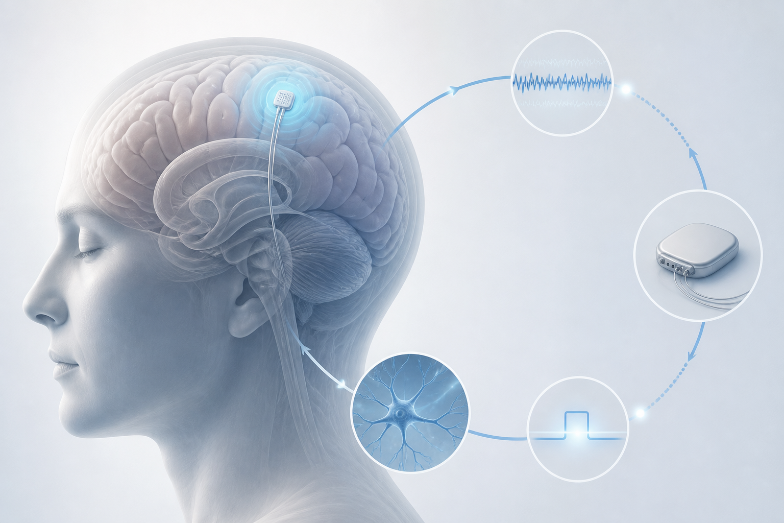 Closed-loop neurotech feedback around a brain silhouette