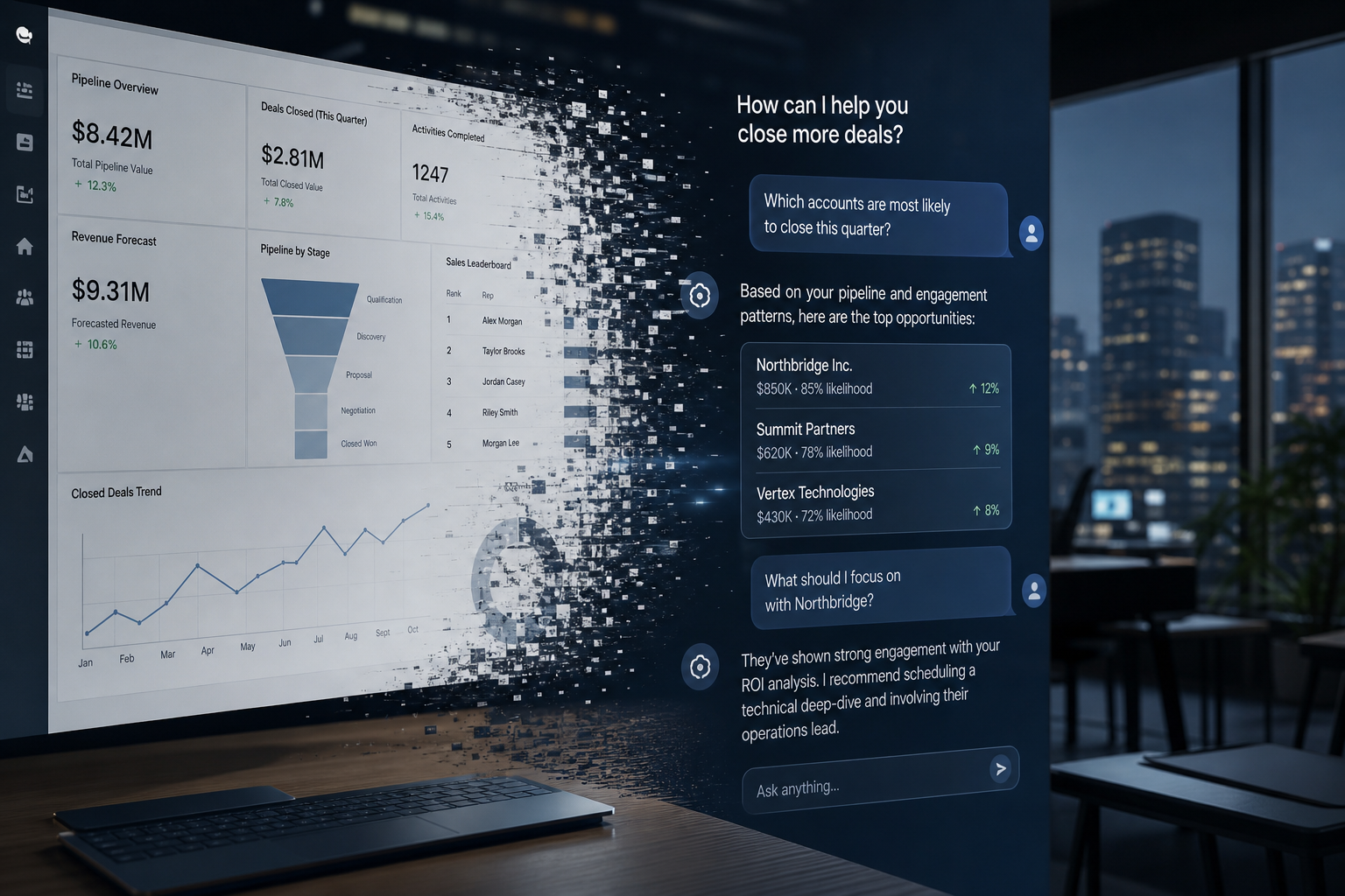 CRM dashboard dissolving into conversational AI — agentic enterprise software