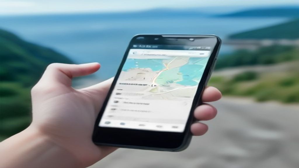 Hand holding smartphone with Google Maps AI travel itinerary on screen, scenic background.