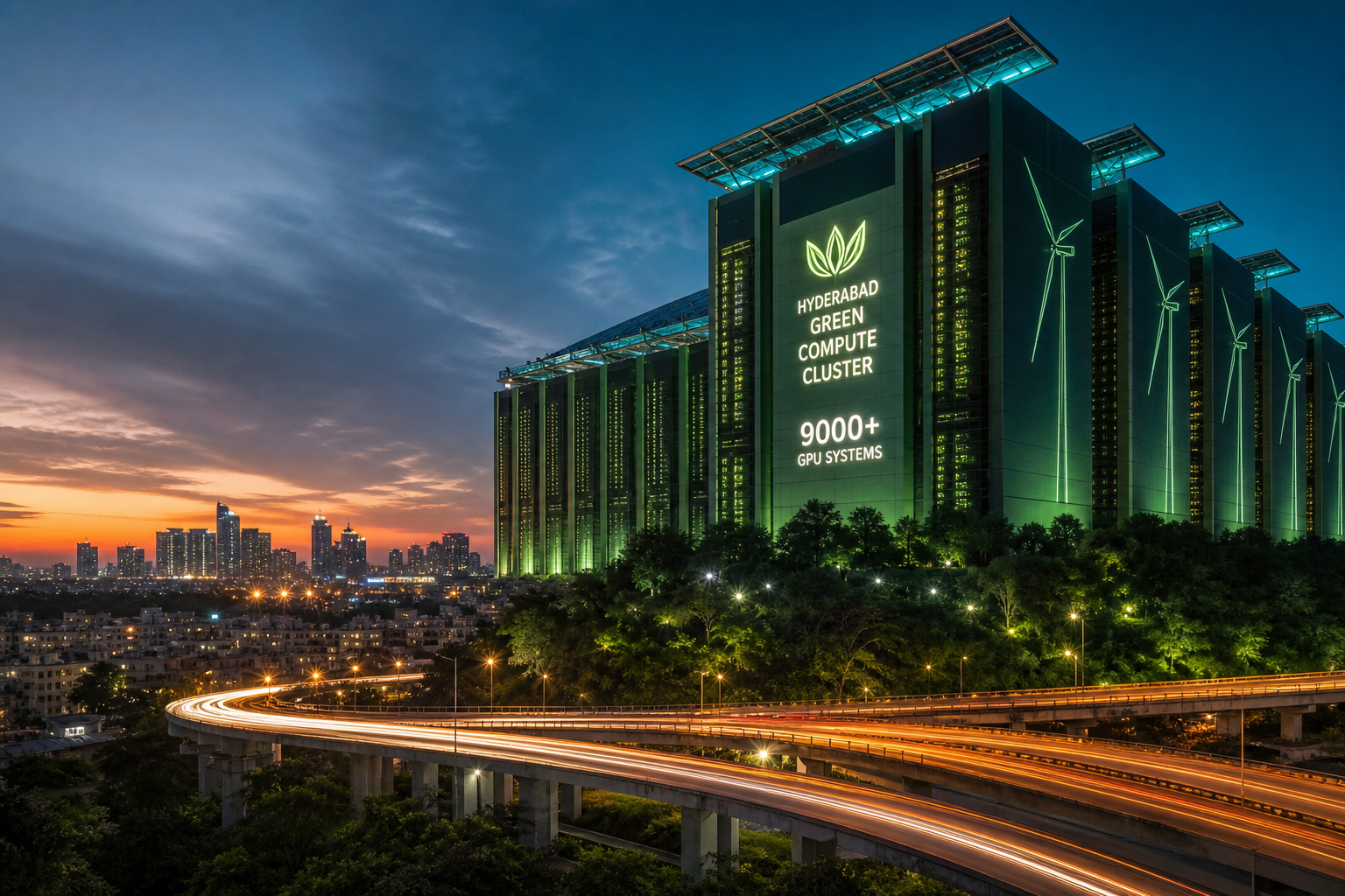 Renewable-powered AI data centre rising over Hyderabad skyline