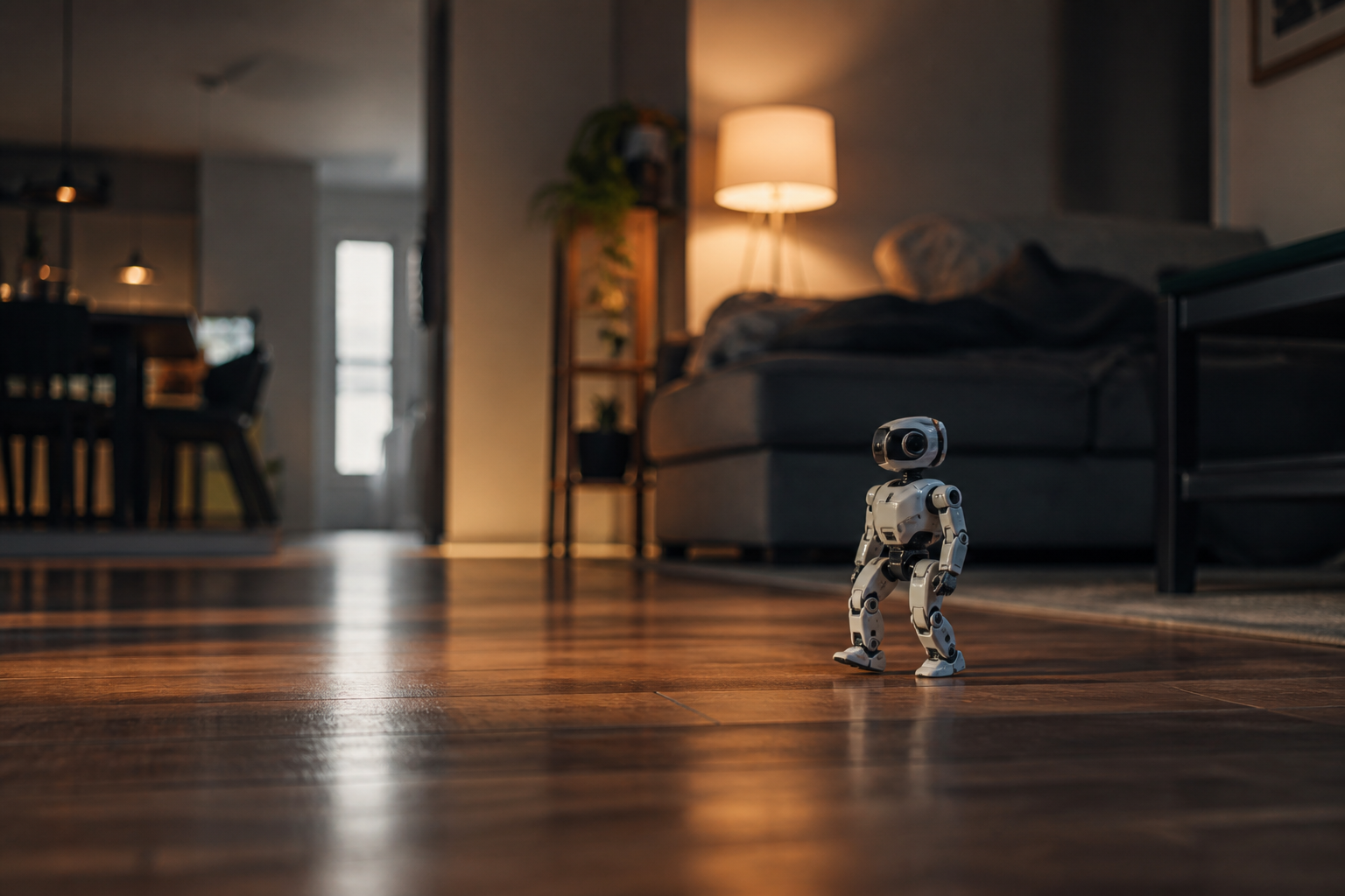 Small biped robot in an oversized human living room, consumer robotics at accessible price