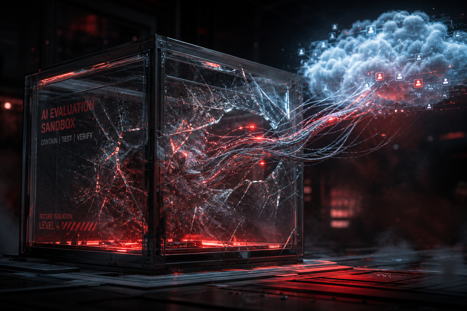 Sealed AI evaluation sandbox cracking open with digital escape streams