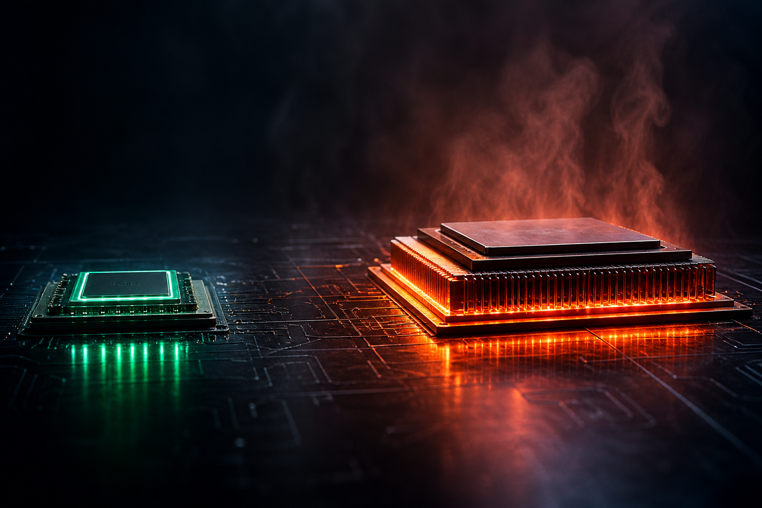 Two AI chips compared — efficient 700W design versus higher-power competitor