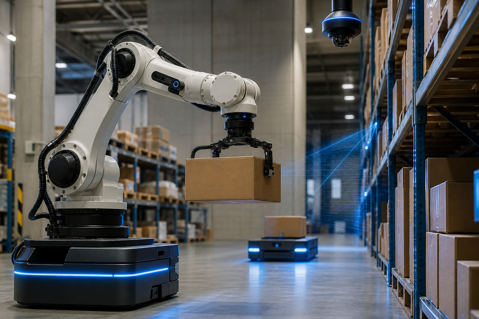 Robot arm guided by AI in a warehouse aisle