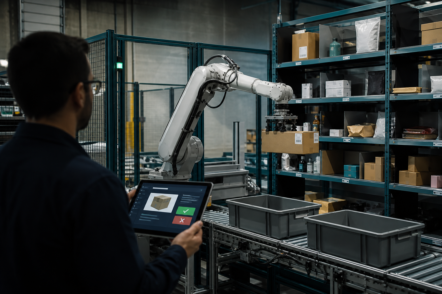 Warehouse pick-and-place cell with human approve step